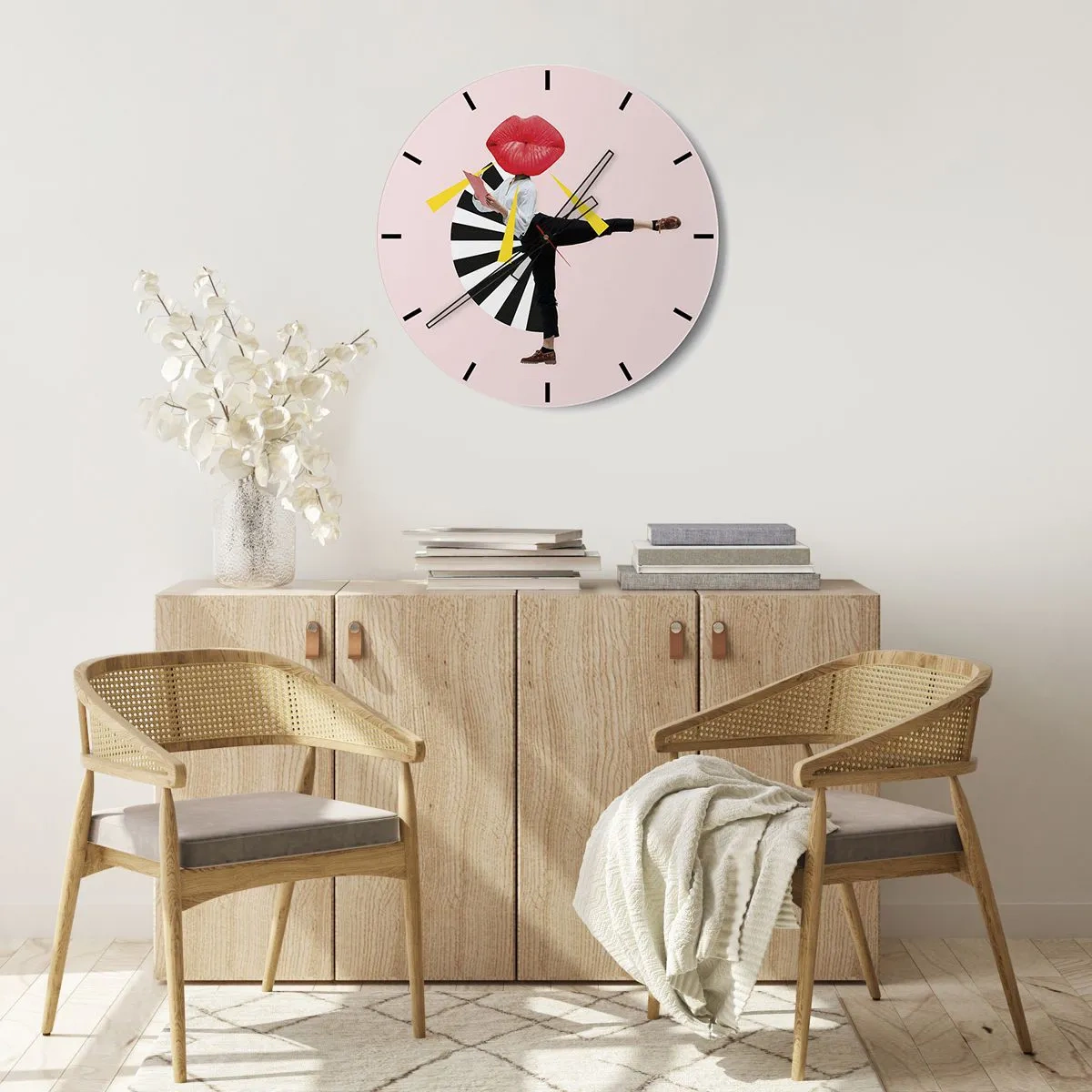 Orologio da parete - Orologio in Vetro - Una figura con una testa a forma di bocca in una composizione pop-art dinamica - 30x30cm - Pop-art surrealistica - Decorazione murale moderna per soggiorno, cucina e camera da letto ARTTOR