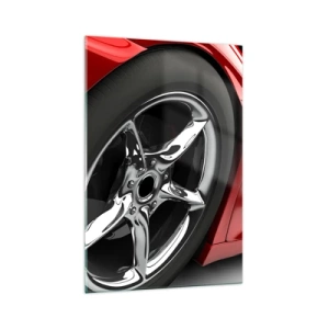 Quadro su vetro - Auto sportiva rossa con cerchi cromati - 70x100cm - Fatta per la velocità - Decorazione murale moderna per soggiorno e camera da letto ARTTOR