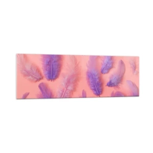 Quadro su vetro - Piume viola e rosa su uno sfondo pastello - 160x50cm - L'uccello lilla del desiderio - Decorazione murale moderna per soggiorno e camera da letto ARTTOR