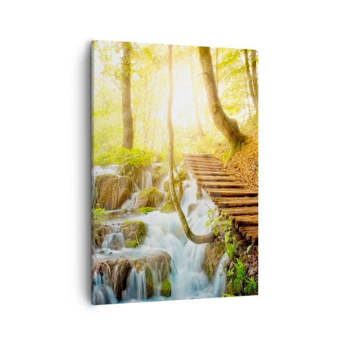 Quadro su tela - Stampe su Tela - Sentiero nel bosco con scale in legno vicino alla cascata - 50x70cm - Bramata freschezza - Decorazione murale moderna per soggiorno e camera da letto ARTTOR