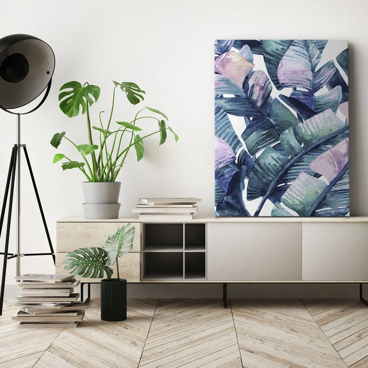 Quadro su tela - Stampe su Tela - Foglie di banano nelle tonalità del blu e del rosa - 50x70cm - Nel bananeto - Decorazione murale moderna per soggiorno e camera da letto ARTTOR