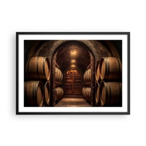 Poster in cornice nera - Cantina con botti di legno e scaffali per il vino - 70x50cm - L'atmosfera della cantina - Decorazione murale moderna per soggiorno e camera da letto ARTTOR