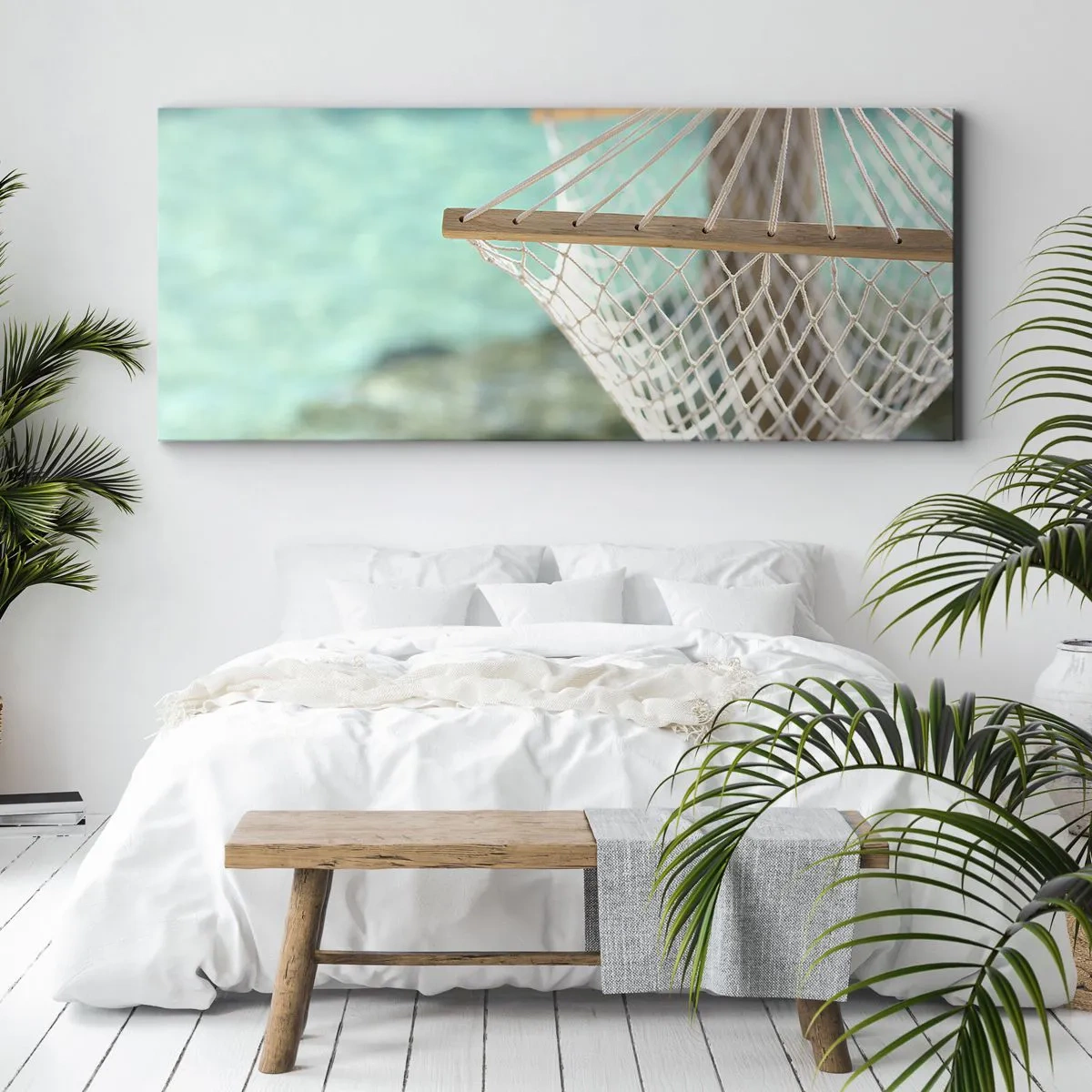 Quadro su tela - Stampe su Tela - Un'amaca con vista sull'acqua turchese - 160x50cm - Tempo di relax - Decorazione murale moderna per soggiorno e camera da letto ARTTOR
