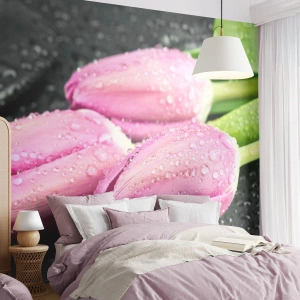 Fotomurale su misura Premium Sand - Una terna lilla su pietra nera - Fiori, Tulipani, Mazzo di fiori