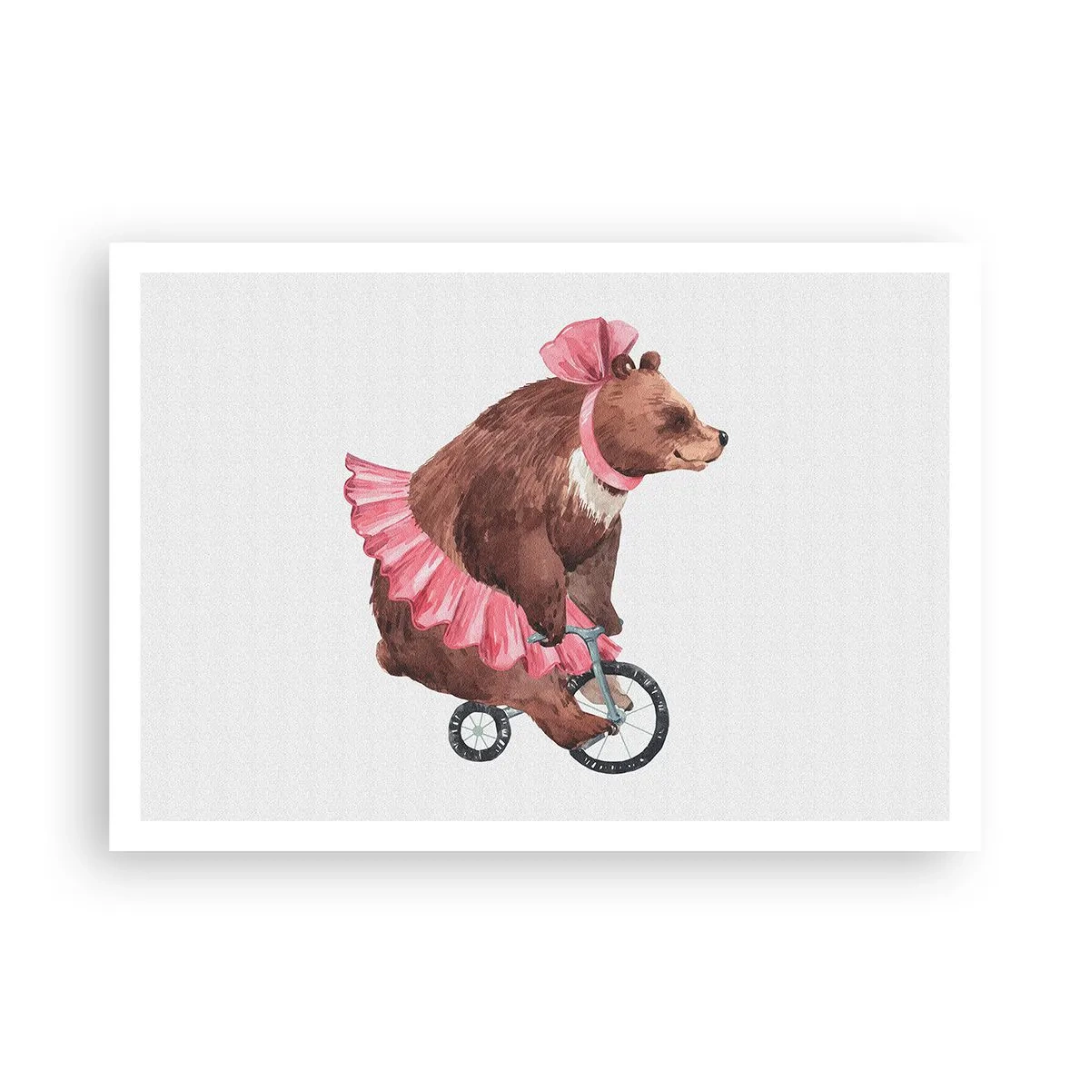 Poster - Un orsacchiotto con una gonna rosa su una bicicletta in stile retrò - 100x70cm - Evviva il circo! - Decorazione murale moderna per soggiorno e camera da letto ARTTOR