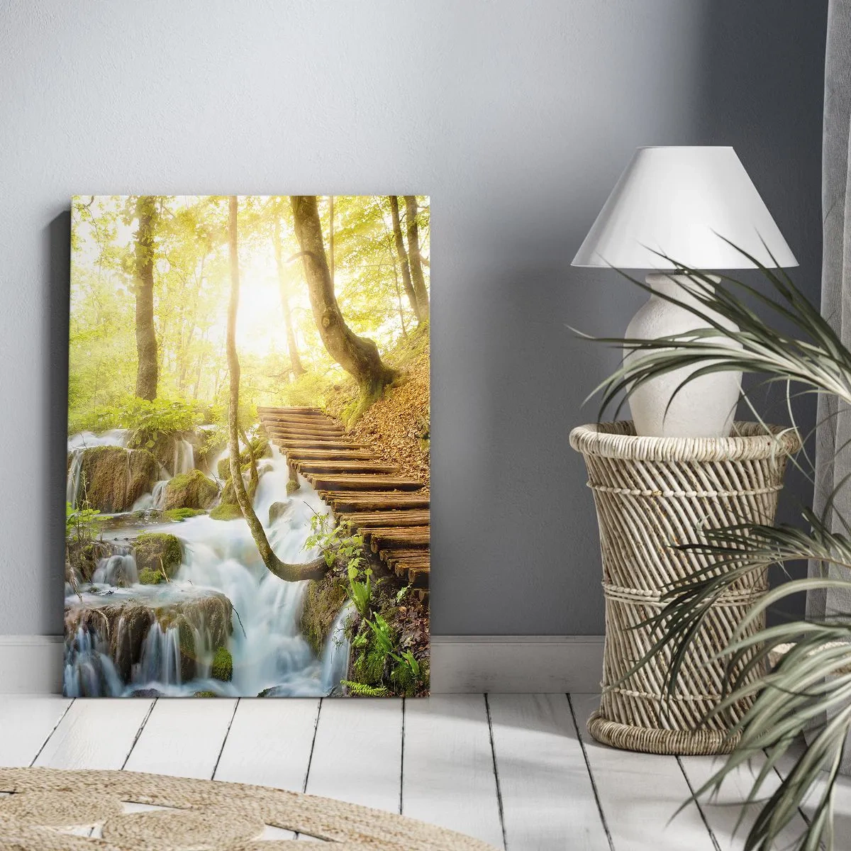 Quadro su tela - Stampe su Tela - Sentiero nel bosco con scale in legno vicino alla cascata - 70x100cm - Bramata freschezza - Decorazione murale moderna per soggiorno e camera da letto ARTTOR