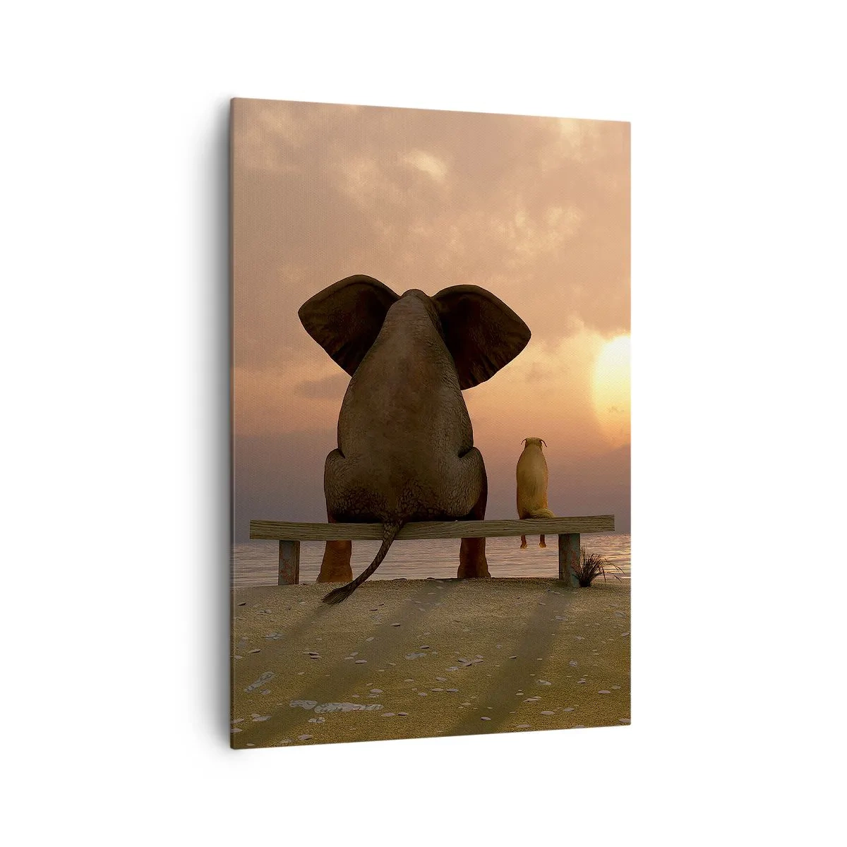 Quadro su tela - Stampe su Tela - Un elefante e un cane sono seduti su una panchina sulla spiaggia durante il tramonto. - 70x100cm - A volte bisogna tacere - Decorazione murale moderna per soggiorno e camera da letto ARTTOR