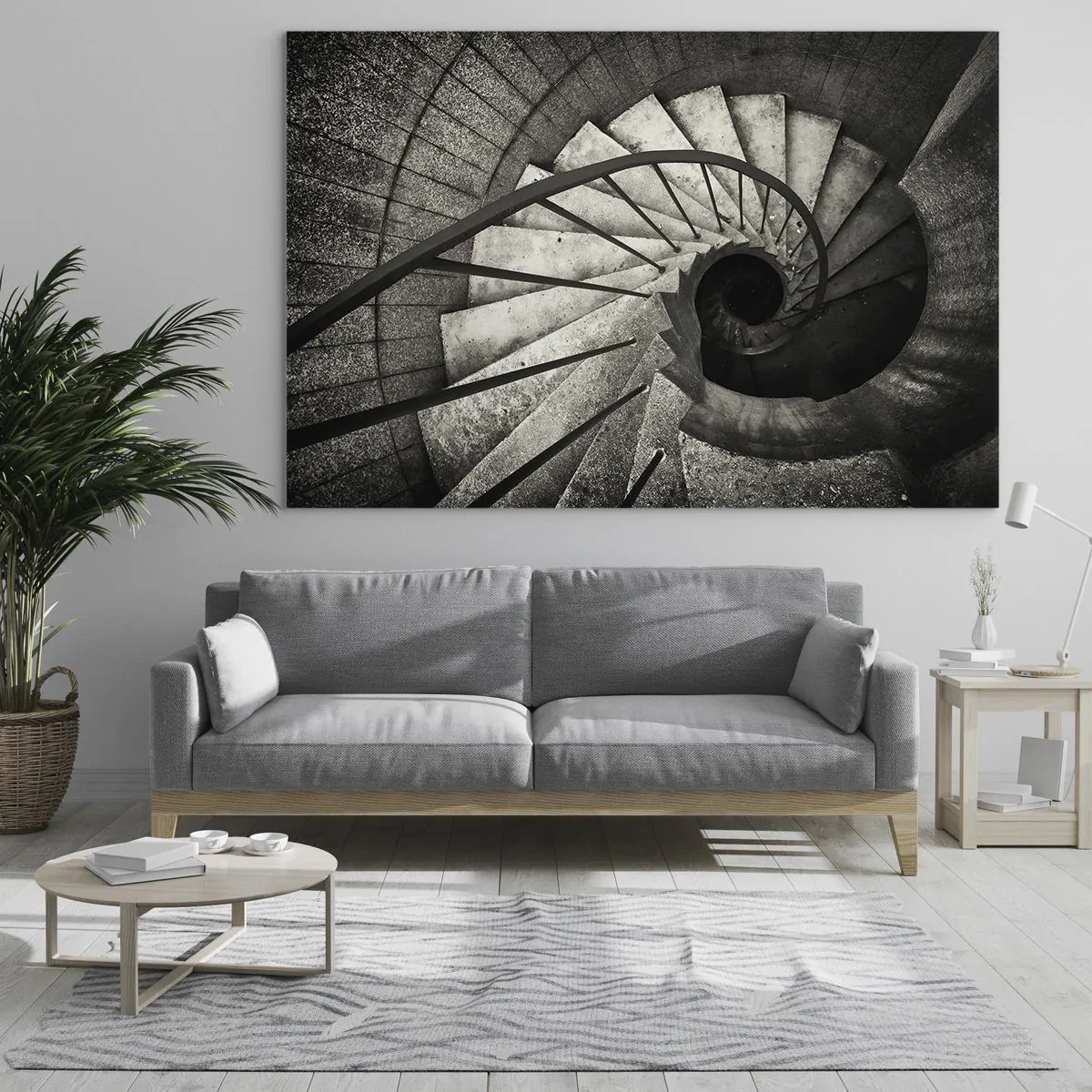 Quadro su vetro - Una scala a chiocciola in bianco e nero vista dall'alto - 100x70cm - Salire e scendere - Decorazione murale moderna per soggiorno e camera da letto ARTTOR