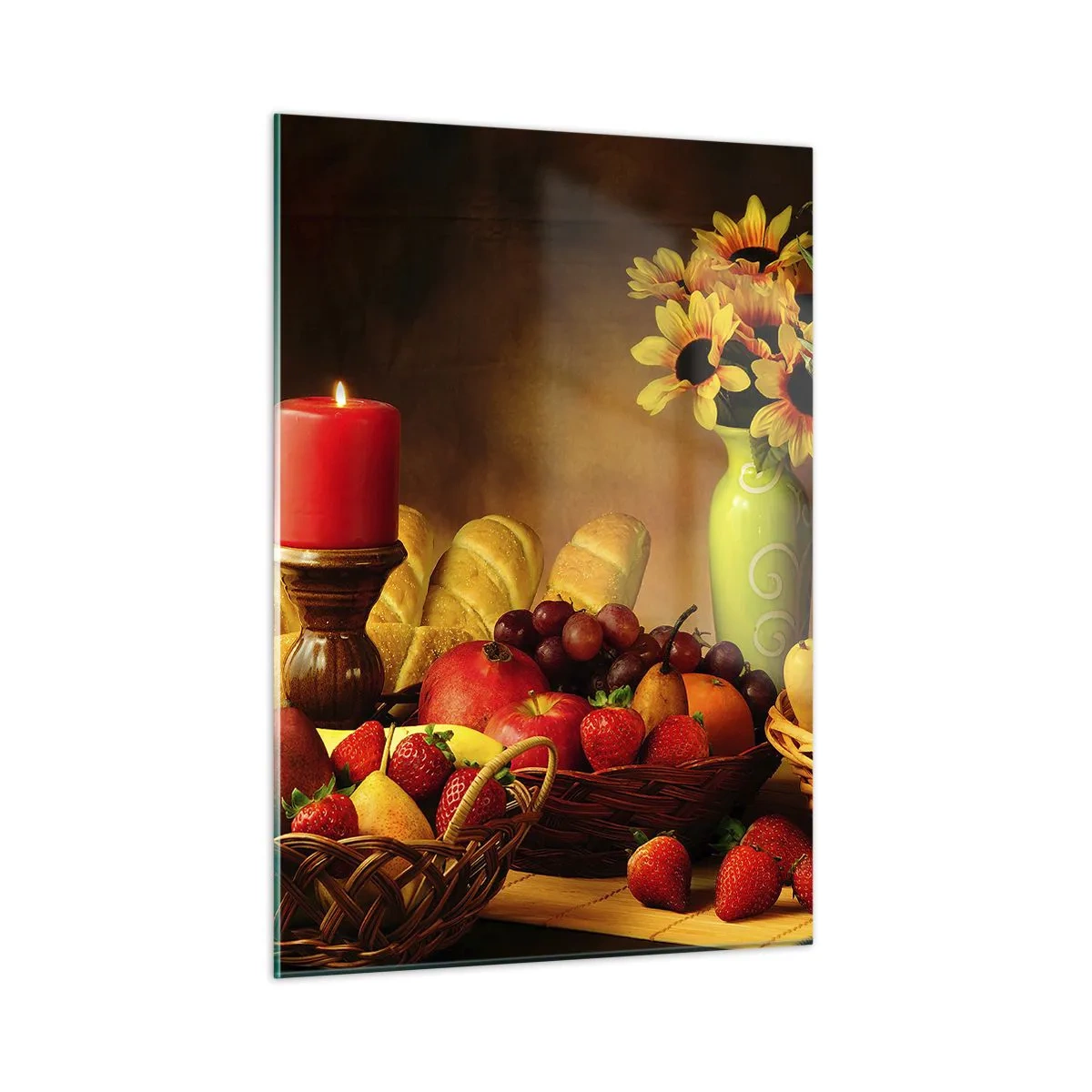 Quadro su vetro - Una composizione di frutta, pane e una candela in stile rustico - 50x70cm - Natura morta con pane e frutta - Decorazione murale moderna per soggiorno e camera da letto ARTTOR