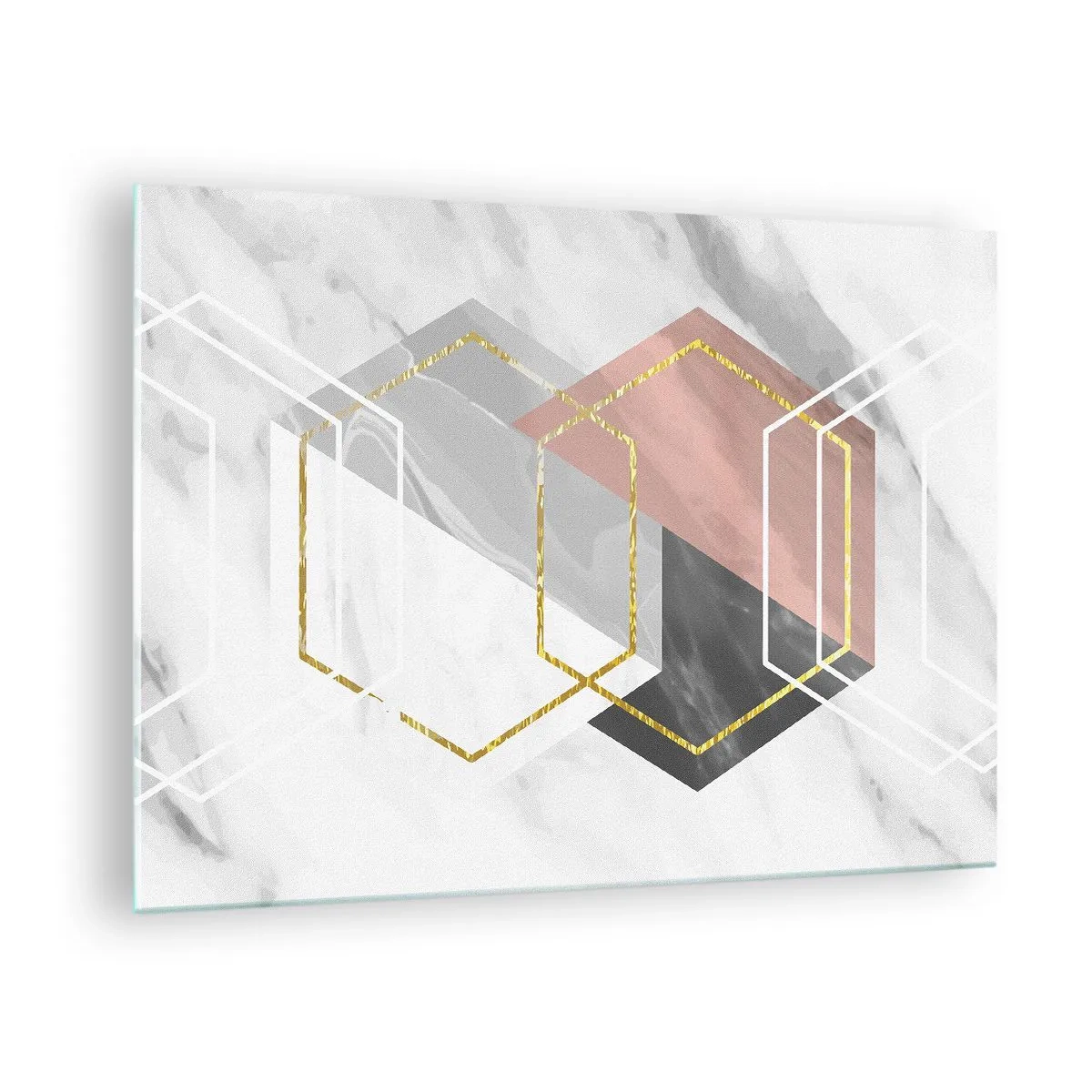 Quadro su vetro - Forme geometriche dorate su uno sfondo di marmo - 70x50cm - Composizione a catena - Decorazione murale moderna per soggiorno e camera da letto ARTTOR