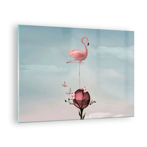 Quadro su vetro - Un fenicottero rosa in piedi su una palla decorativa con fiori e farfalle. - 70x50cm - Allegoria della palla da basket - Decorazione murale moderna per soggiorno e camera da letto ARTTOR