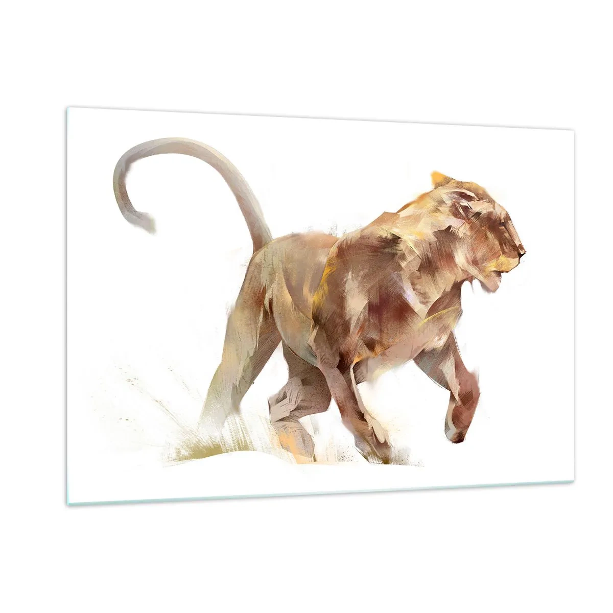 Quadro su vetro - Silhouette dinamica di un leone in stile artistico su sfondo bianco - 120x80cm - Grazia selvatica - Decorazione murale moderna per soggiorno e camera da letto ARTTOR