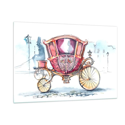 Quadro su vetro - Un'elegante carrozza in stile acquerello su uno sfondo di strada - 120x80cm - Al matrimonio o al ballo? - Decorazione murale moderna per soggiorno e camera da letto ARTTOR