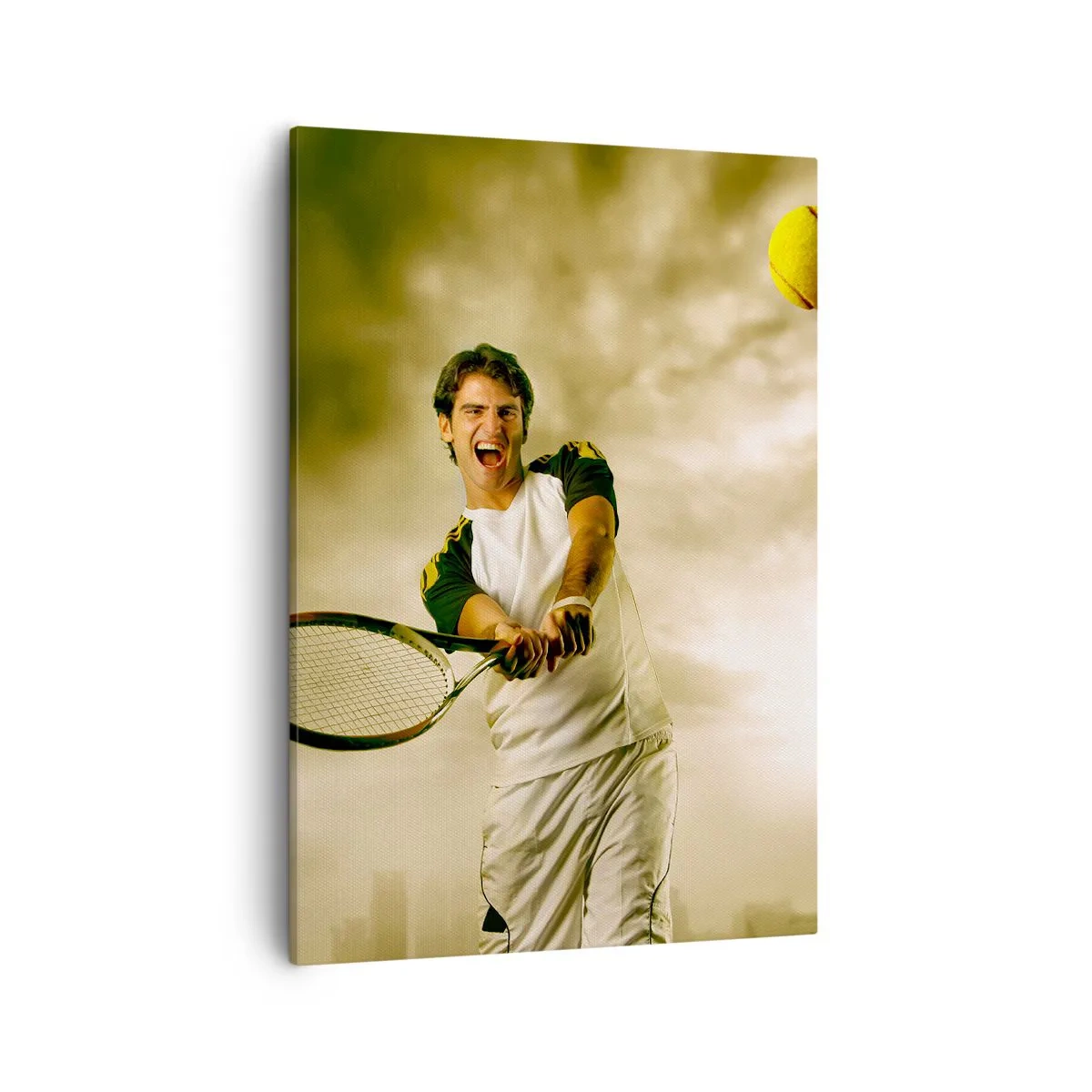 Quadro su tela - Stampe su Tela - Giocatore di tennis in azione durante una partita sullo sfondo di un paesaggio urbano - 50x70cm - Energia e gioia - Decorazione murale moderna per soggiorno e camera da letto ARTTOR