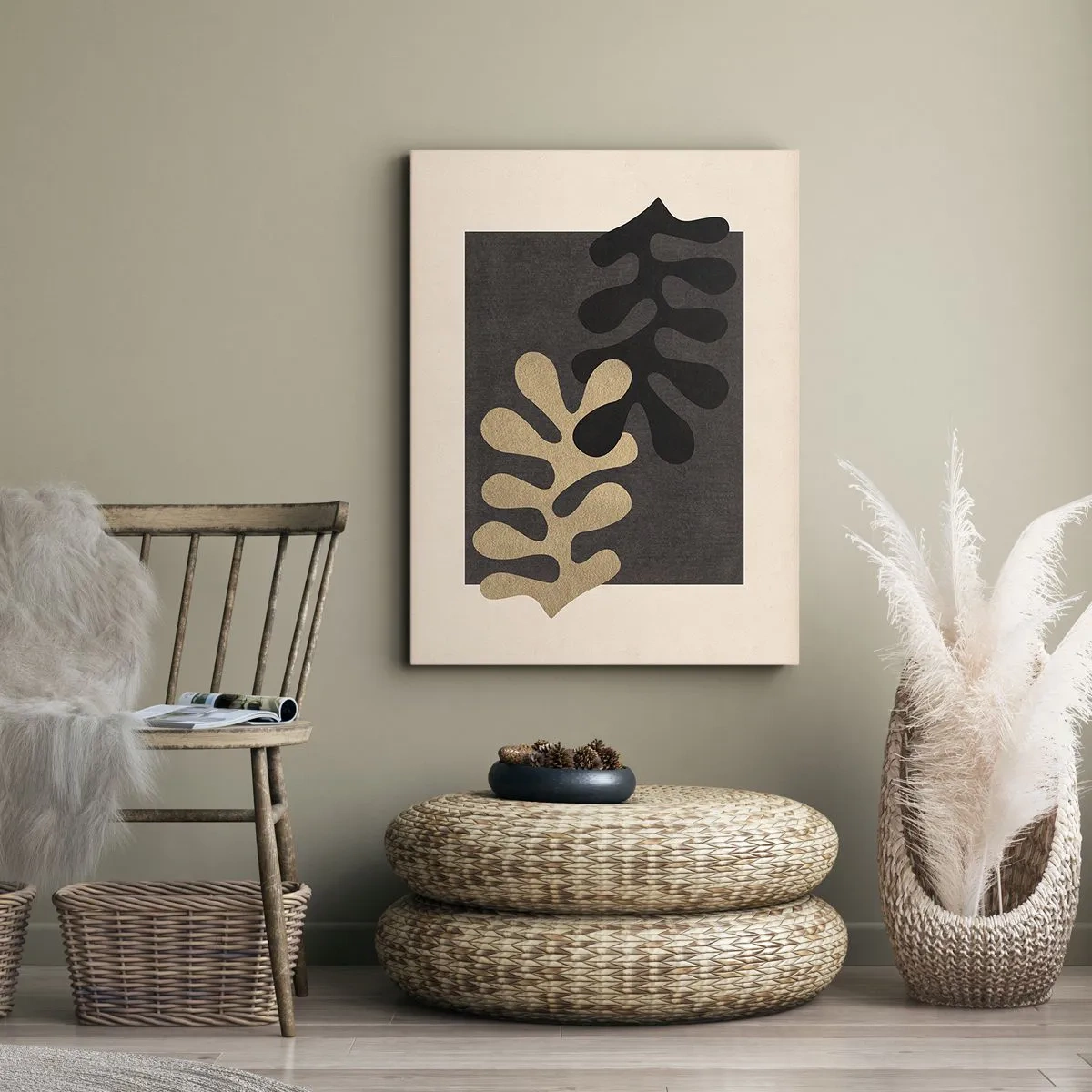 Quadro su tela - Stampe su Tela - Foglie astratte in nero e beige su uno sfondo rettangolare - 70x100cm - Assenza e completamento - Decorazione murale moderna per soggiorno e camera da letto ARTTOR
