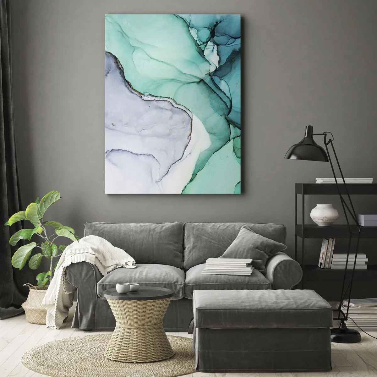 Quadro su tela - Stampe su Tela - Motivo astratto nei toni del turchese e del bianco - 50x70cm - Studio in turchese - Decorazione murale moderna per soggiorno e camera da letto ARTTOR