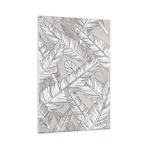 Quadro su vetro - Motivo in bianco e nero con foglie di banano su sfondo chiaro - 80x120cm - Vortice di piume - Decorazione murale moderna per soggiorno e camera da letto ARTTOR