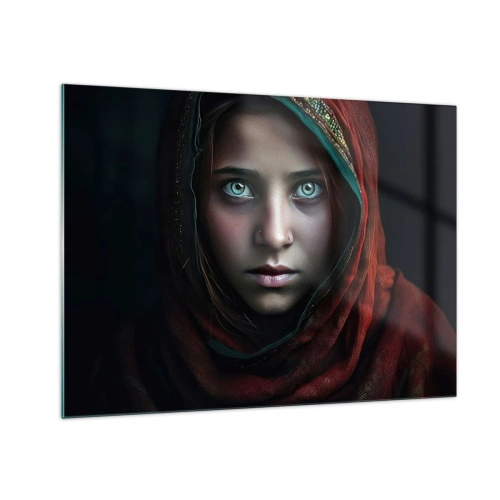 Quadro su vetro - Ritratto di una donna con una sciarpa rossa su uno sfondo scuro - 70x50cm - Principessa d'oriente - Decorazione murale moderna per soggiorno e camera da letto ARTTOR