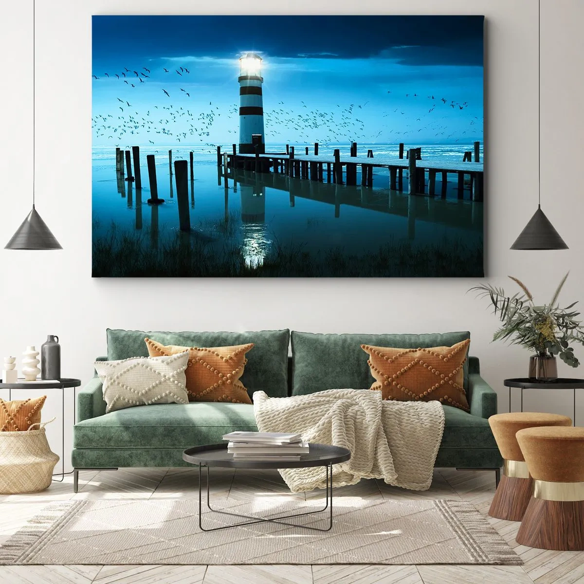Quadro su tela - Stampe su Tela - Il faro sul molo illuminato di notte - 120x80cm - E passa la paura del buio - Decorazione murale moderna per soggiorno e camera da letto ARTTOR