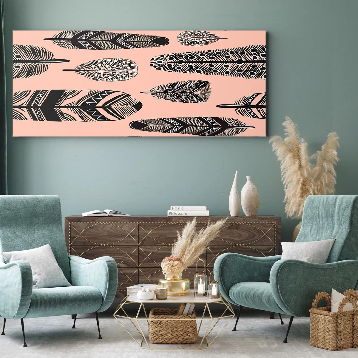 Quadro su tela - Stampe su Tela - Piume decorative su sfondo chiaro - 160x50cm - Collezione indiana - Decorazione murale moderna per soggiorno e camera da letto ARTTOR