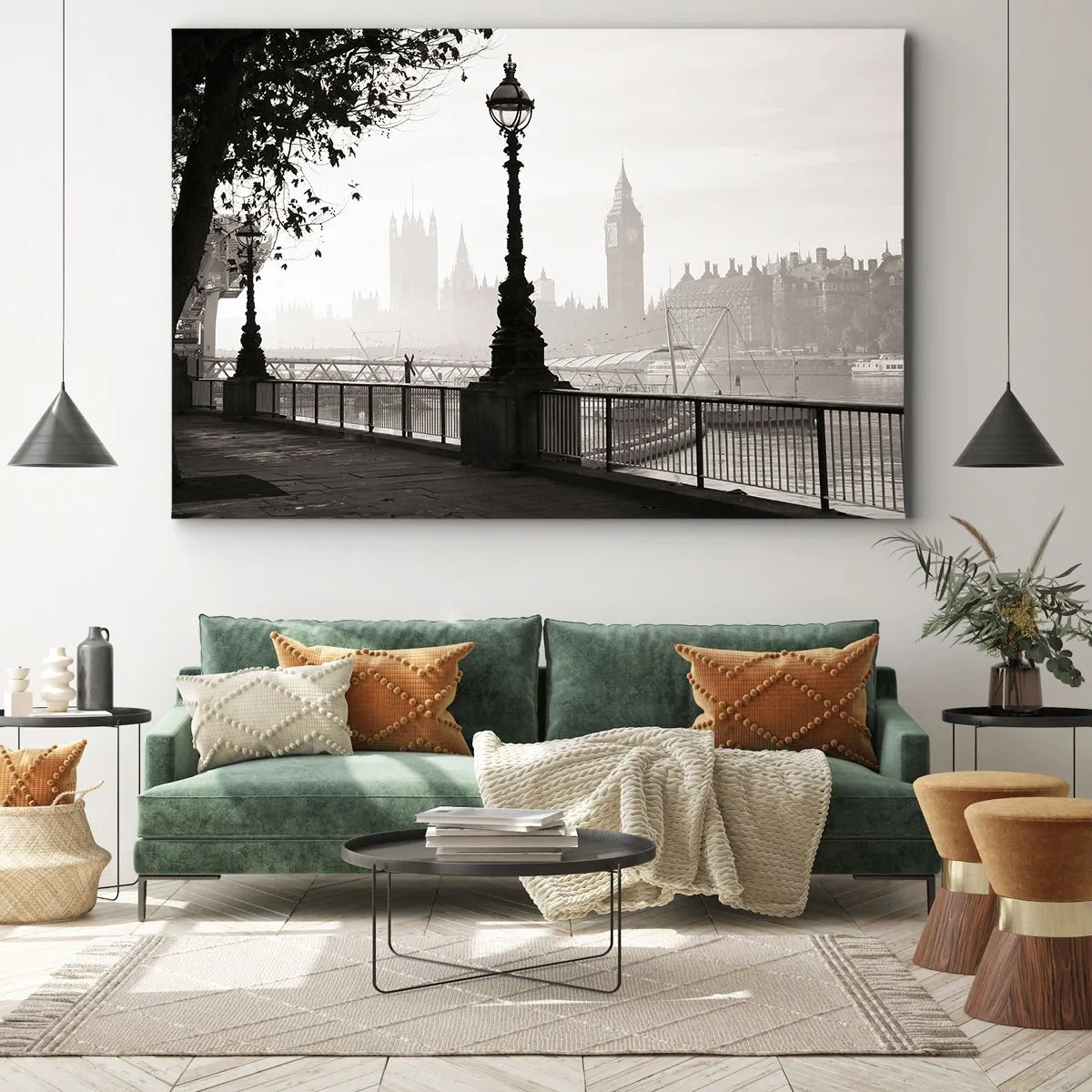 Quadro su tela - Stampe su Tela - Una vista monocromatica del Big Ben e del Tamigi. - 120x80cm - Un mattino a Londra - Decorazione murale moderna per soggiorno e camera da letto ARTTOR