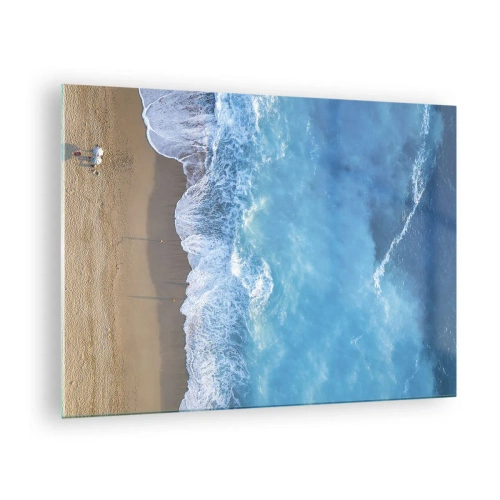 Quadro su vetro - Vista aerea della spiaggia e delle onde che si infrangono - 70x50cm - La forza del blu - Decorazione murale moderna per soggiorno e camera da letto ARTTOR