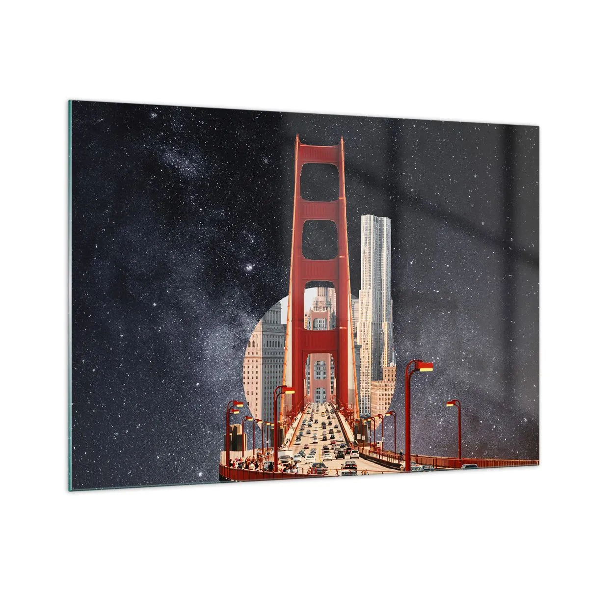 Quadro su vetro - Ponte e grattacieli sullo sfondo di una galassia surreale - 100x70cm - Sempre al centro - Decorazione murale moderna per soggiorno e camera da letto ARTTOR