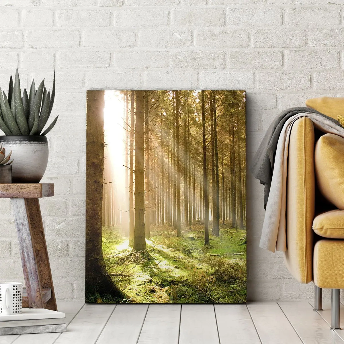 Quadro su tela - Stampe su Tela - Foresta di conifere con raggi di sole che brillano attraverso gli alberi - 50x70cm - Adesso appaiono gli elfi - Decorazione murale moderna per soggiorno e camera da letto ARTTOR