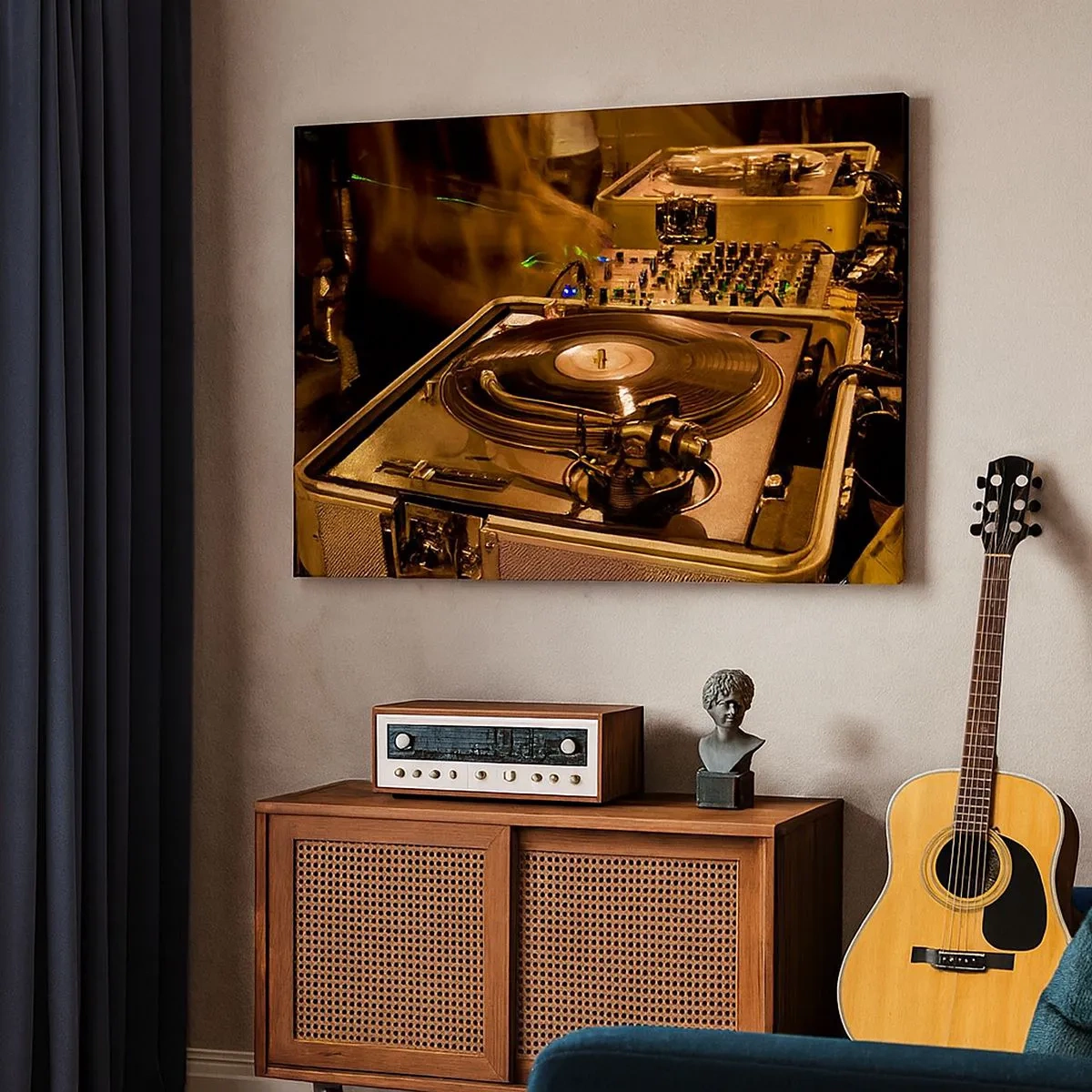 Quadro su tela - Stampe su Tela - Attrezzatura da DJ con giradischi e mixer durante una festa - 70x50cm - Senti la forza? - Decorazione murale moderna per soggiorno e camera da letto ARTTOR