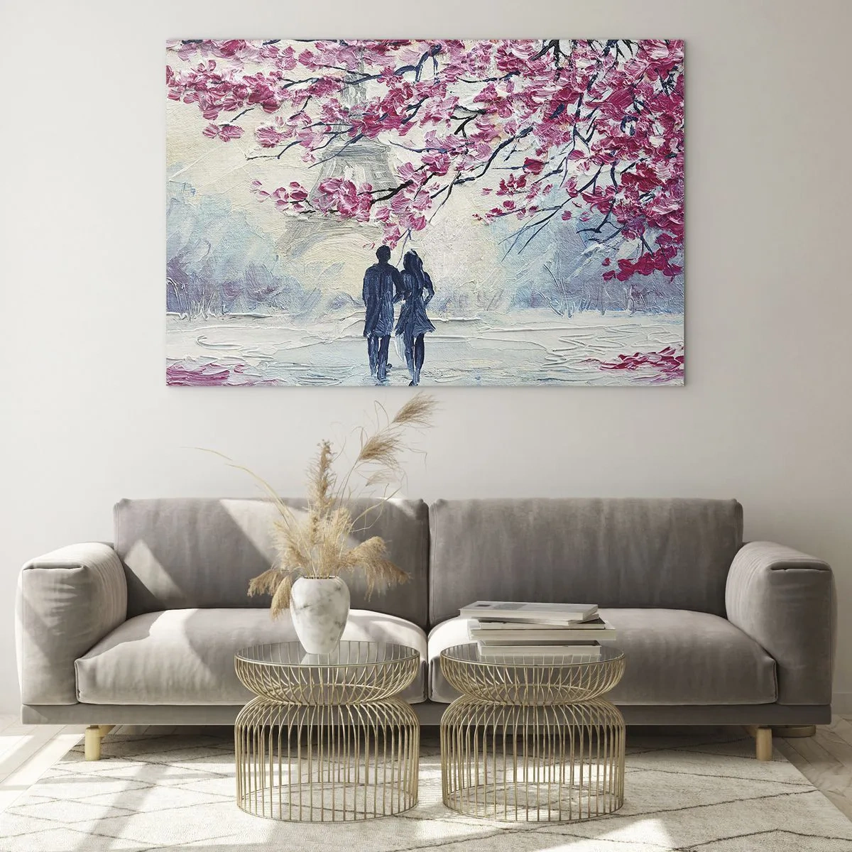 Quadro su vetro - Una coppia che cammina sotto gli alberi in fiore - 100x70cm - Passeggiata romantica - Decorazione murale moderna per soggiorno e camera da letto ARTTOR