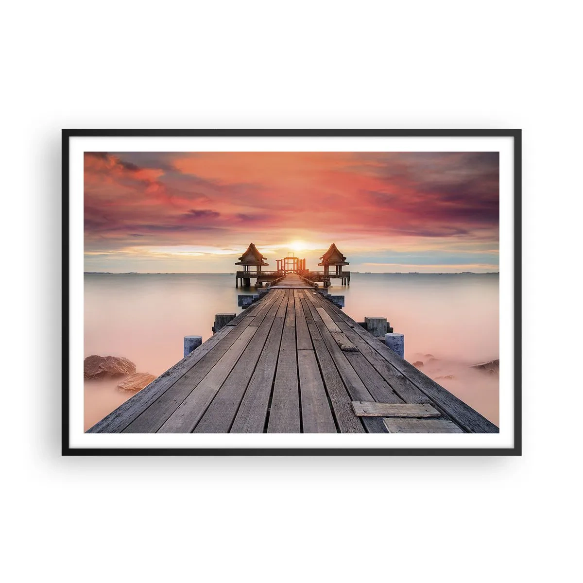 Poster in cornice nera - Molo di legno che conduce ai gazebo al tramonto - 100x70cm - Tramonto d'oriente - Decorazione murale moderna per soggiorno e camera da letto ARTTOR