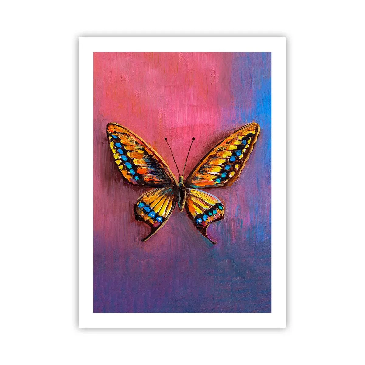 Poster - Una farfalla colorata su uno sfondo artistico dai colori intensi. - 50x70cm - Gioielli della natura - Decorazione murale moderna per soggiorno e camera da letto ARTTOR