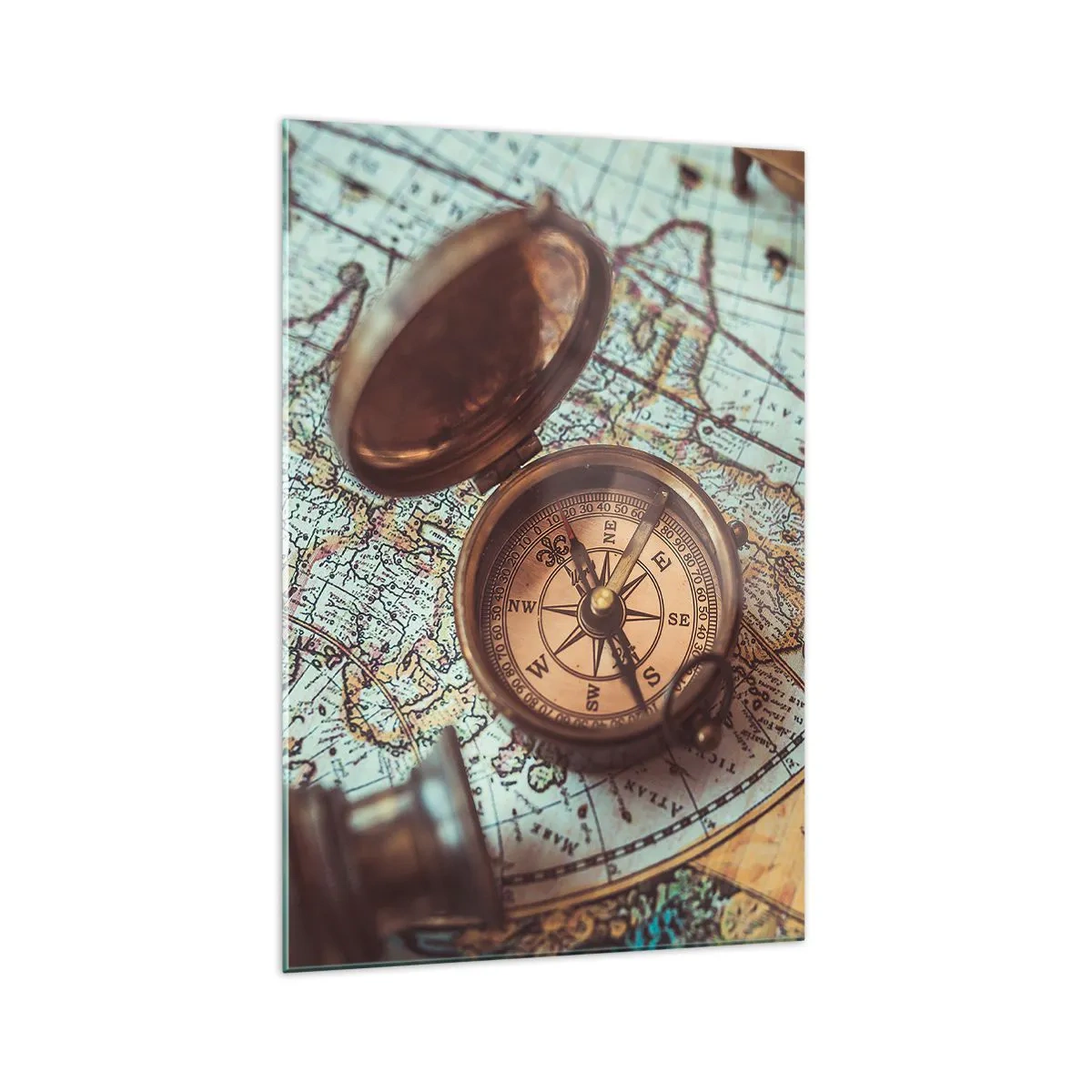 Quadro su vetro - Composizione con bussola, chiavi e una vecchia mappa in stile retrò - 70x100cm - Per il cercatore di avventure - Decorazione murale moderna per soggiorno e camera da letto ARTTOR