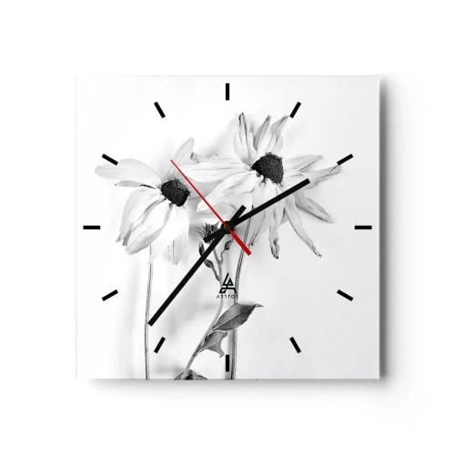 Orologio da parete - Orologio in Vetro - Fiori bianchi e neri con una composizione delicata - 30x30cm - Nessuno vuole essere solo - Decorazione murale moderna per soggiorno e camera da letto ARTTOR