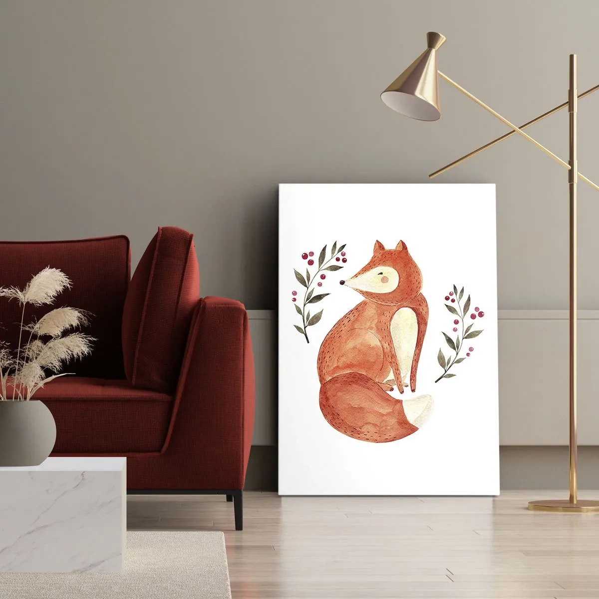 Quadro su tela - Stampe su Tela - Una volpe acquerellata circondata da ramoscelli con bacche - 50x70cm - Piccola rossa - Decorazione murale moderna per soggiorno e camera da letto ARTTOR