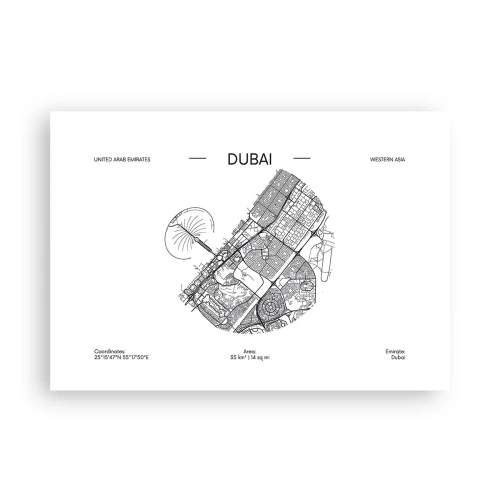 Poster - Una mappa minimalista in bianco e nero di Dubai con indicazioni di posizione. - 100x70cm - Anatomia di Dubai - Decorazione murale moderna per soggiorno e camera da letto ARTTOR