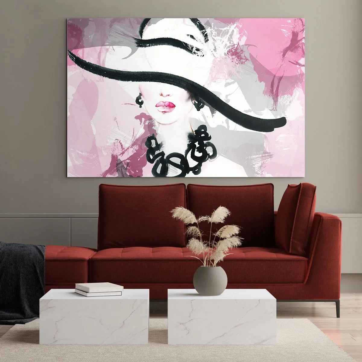 Quadro su vetro - Ritratto di una donna con un cappello nero su sfondo rosa - 70x50cm - Ritratto di donna in nero e rosa - Decorazione murale moderna per soggiorno e camera da letto ARTTOR