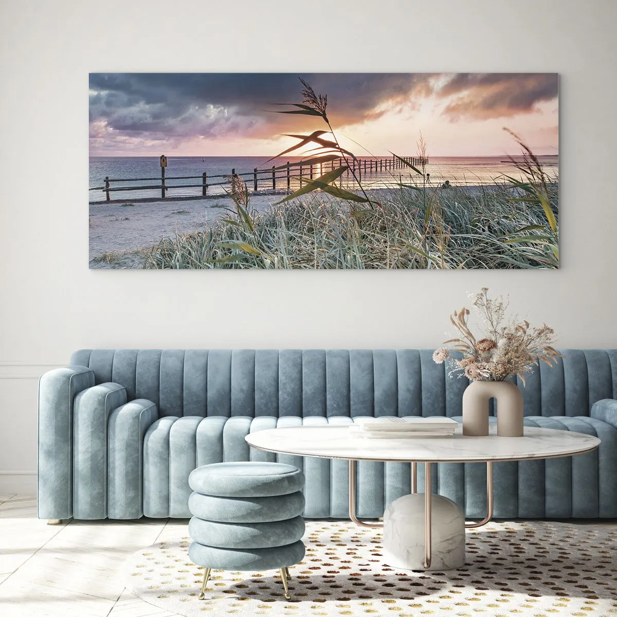 Quadro su vetro - Spiaggia al tramonto con erba in primo piano - 160x50cm - Non andrà via col vento - Decorazione murale moderna per soggiorno e camera da letto ARTTOR
