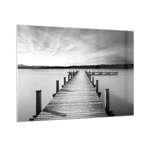 Quadro su vetro - Un molo di legno conduce in lontananza attraverso un lago calmo - 100x70cm - Pace sull'acqua - Decorazione murale moderna per soggiorno e camera da letto ARTTOR