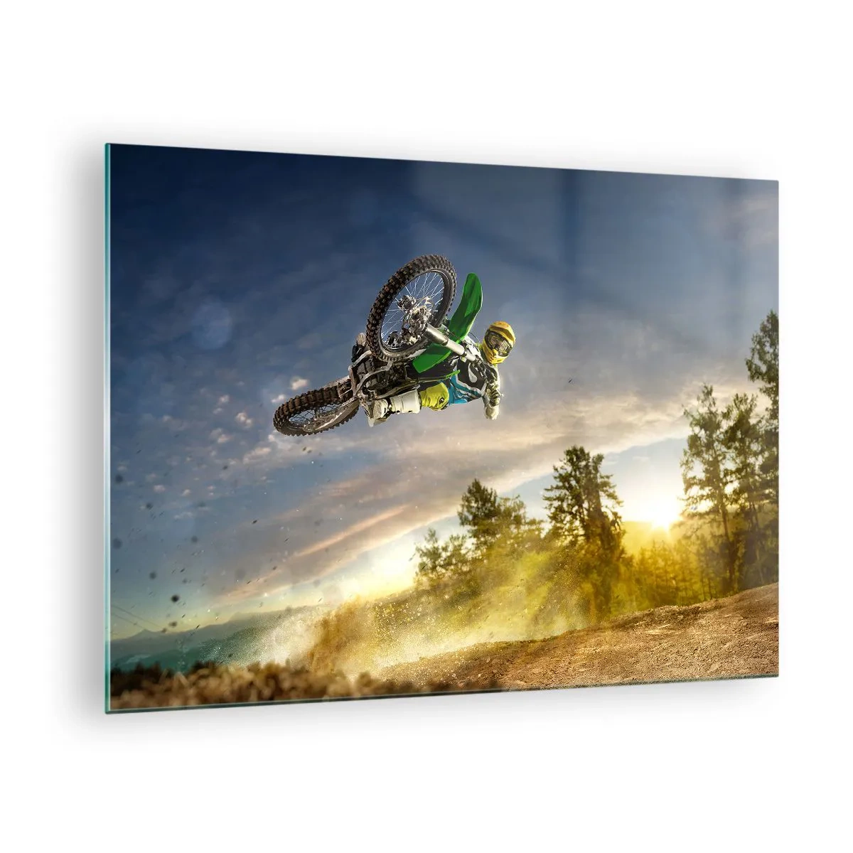 Quadro su vetro - Un motociclista in azione sullo sfondo del sole al tramonto - 70x50cm - Accendi le emozioni! - Decorazione murale moderna per soggiorno e camera da letto ARTTOR