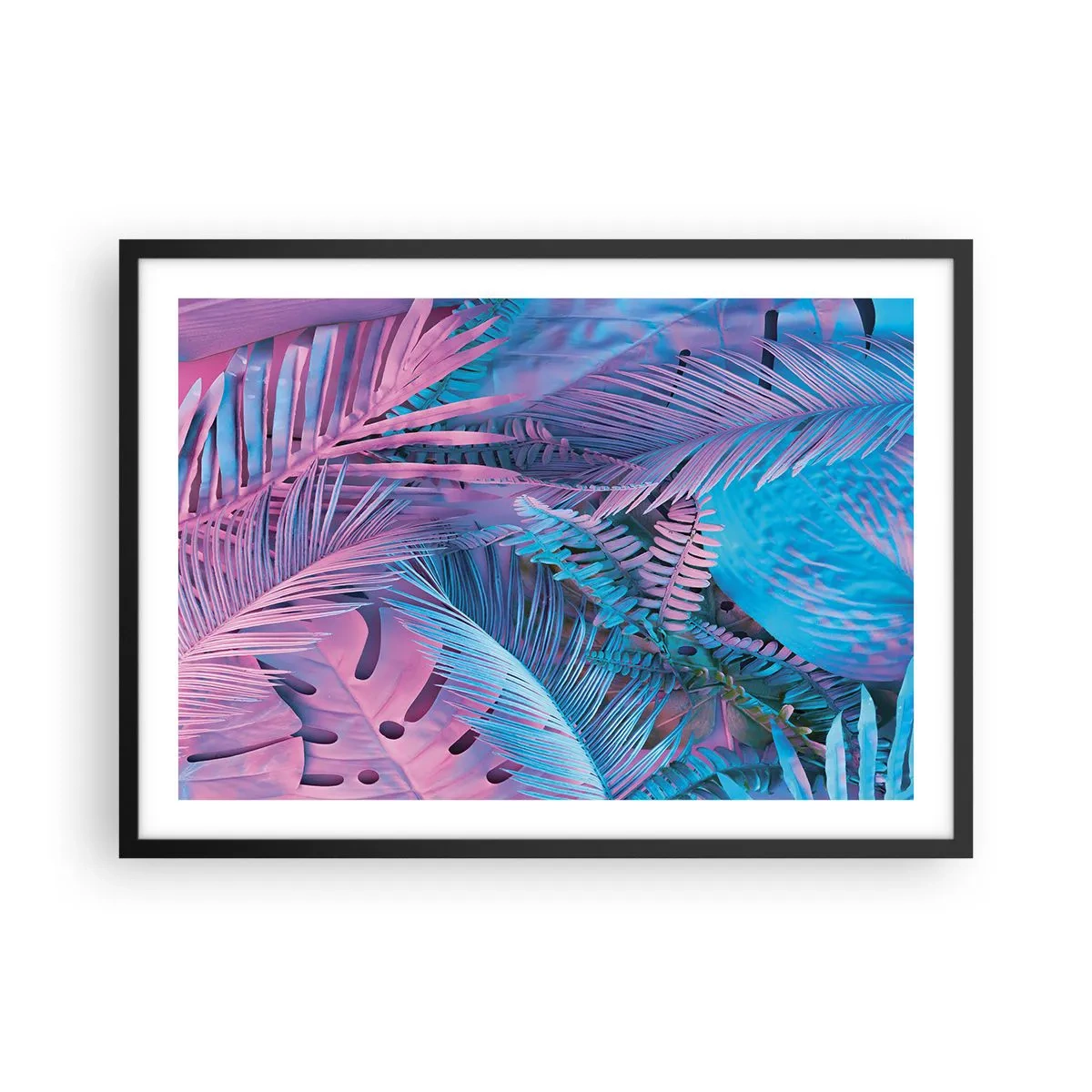 Poster in cornice nera - Foglie tropicali nelle tonalità del rosa e del blu - 70x50cm - Tropici in rosa e blu - Decorazione murale moderna per soggiorno e camera da letto ARTTOR