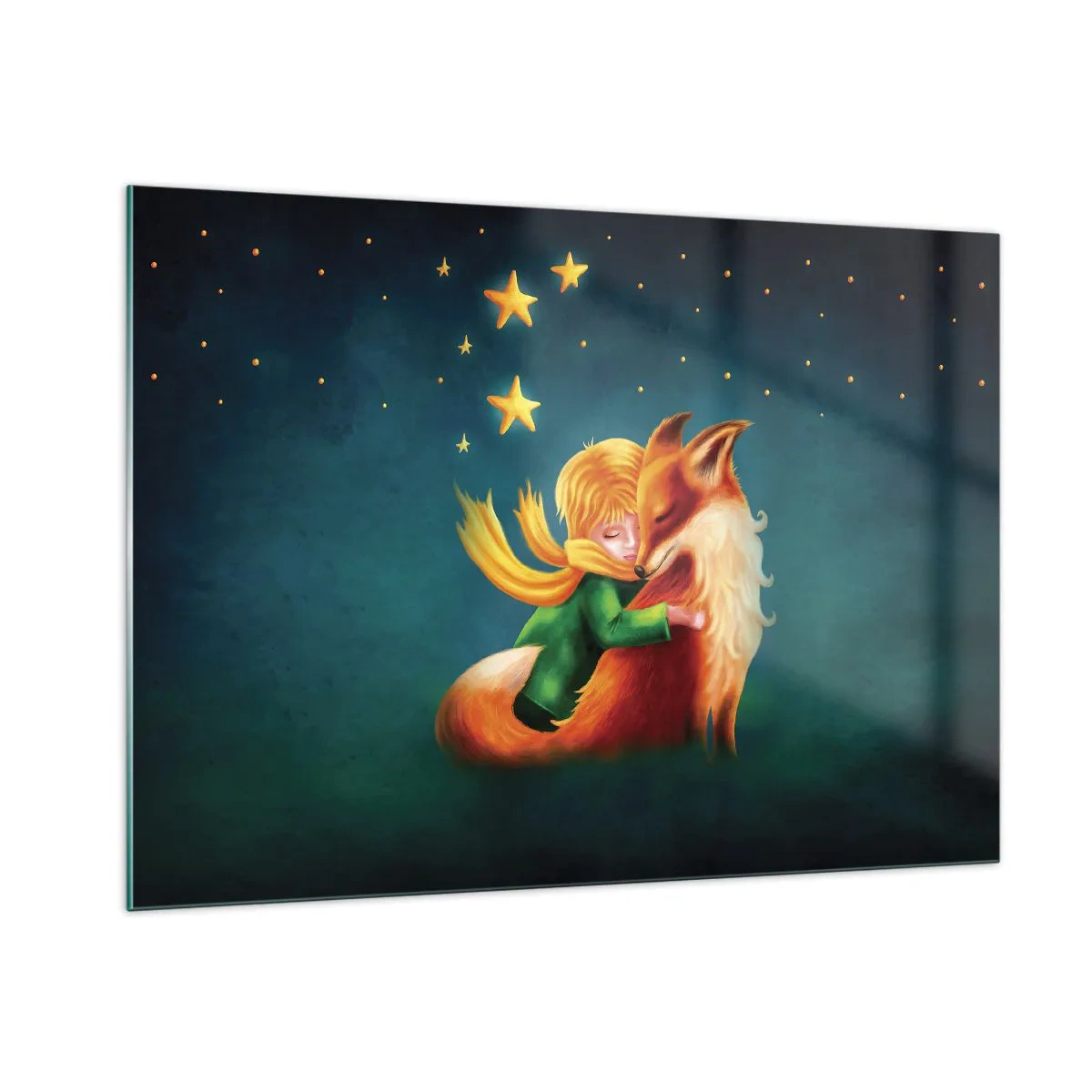 Quadro su vetro - Il Piccolo Principe abbraccia una volpe sotto un cielo stellato - 100x70cm - Il piccolo principe - Decorazione murale moderna per soggiorno e camera da letto ARTTOR
