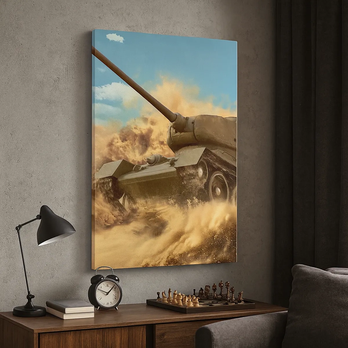 Quadro su tela - Stampe su Tela - Un carro armato in azione nel deserto, circondato da polvere di sabbia. - 50x70cm - Imbattibile - Decorazione murale moderna per soggiorno e camera da letto ARTTOR