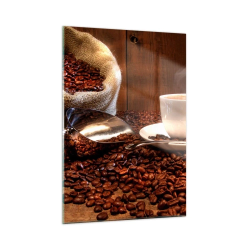 Quadro su vetro - Una tazza di caffè su uno sfondo di chicchi e un sacco di iuta - 50x70cm - Senti questo odore? - Decorazione murale moderna per soggiorno e camera da letto ARTTOR