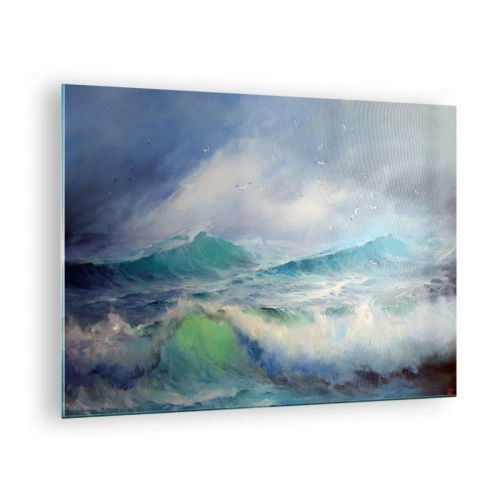 Quadro su vetro - Onde agitate dell'oceano con uccelli in un cielo nuvoloso - 70x50cm - Il turbine ululò di trionfo... - Decorazione murale moderna per soggiorno e camera da letto ARTTOR