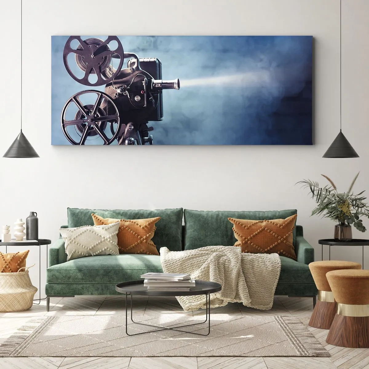 Quadro su tela - Stampe su Tela - Un vecchio proiettore cinematografico proietta luce su uno sfondo blu - 120x50cm - Nel vecchio cinema - Decorazione murale moderna per soggiorno e camera da letto ARTTOR