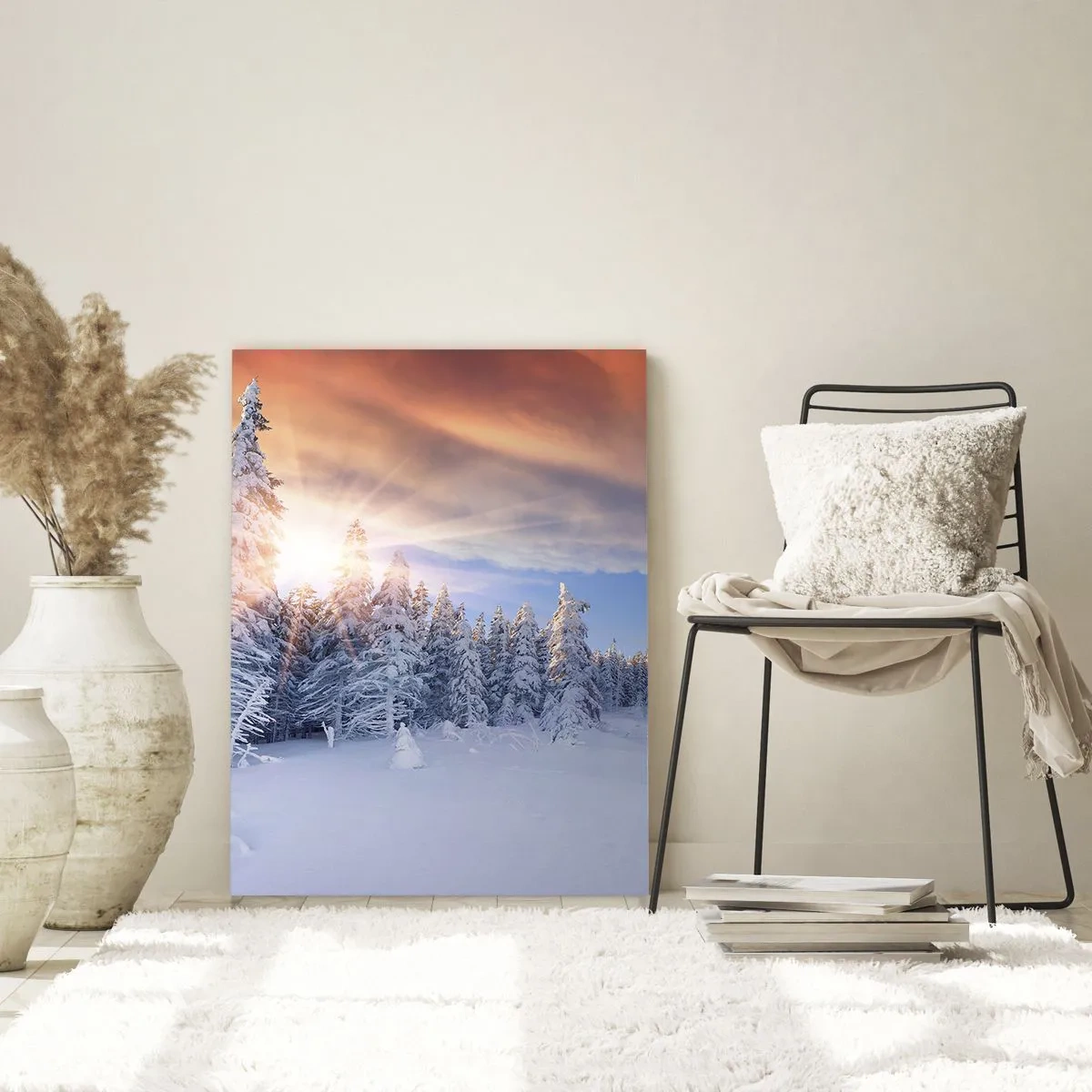Quadro su vetro - Paesaggio invernale con foresta innevata al tramonto - 80x120cm - Spettacolo innevato della natura - Decorazione murale moderna per soggiorno e camera da letto ARTTOR