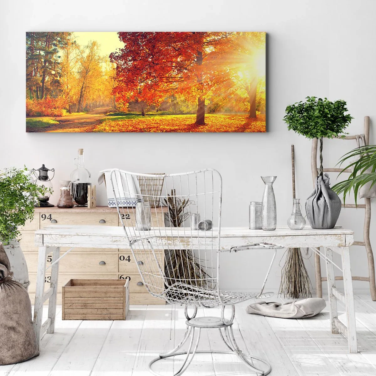Quadro su tela - Stampe su Tela - Parco autunnale illuminato dalla luce del sole - 140x50cm - Rosso è bello - Decorazione murale moderna per soggiorno e camera da letto ARTTOR