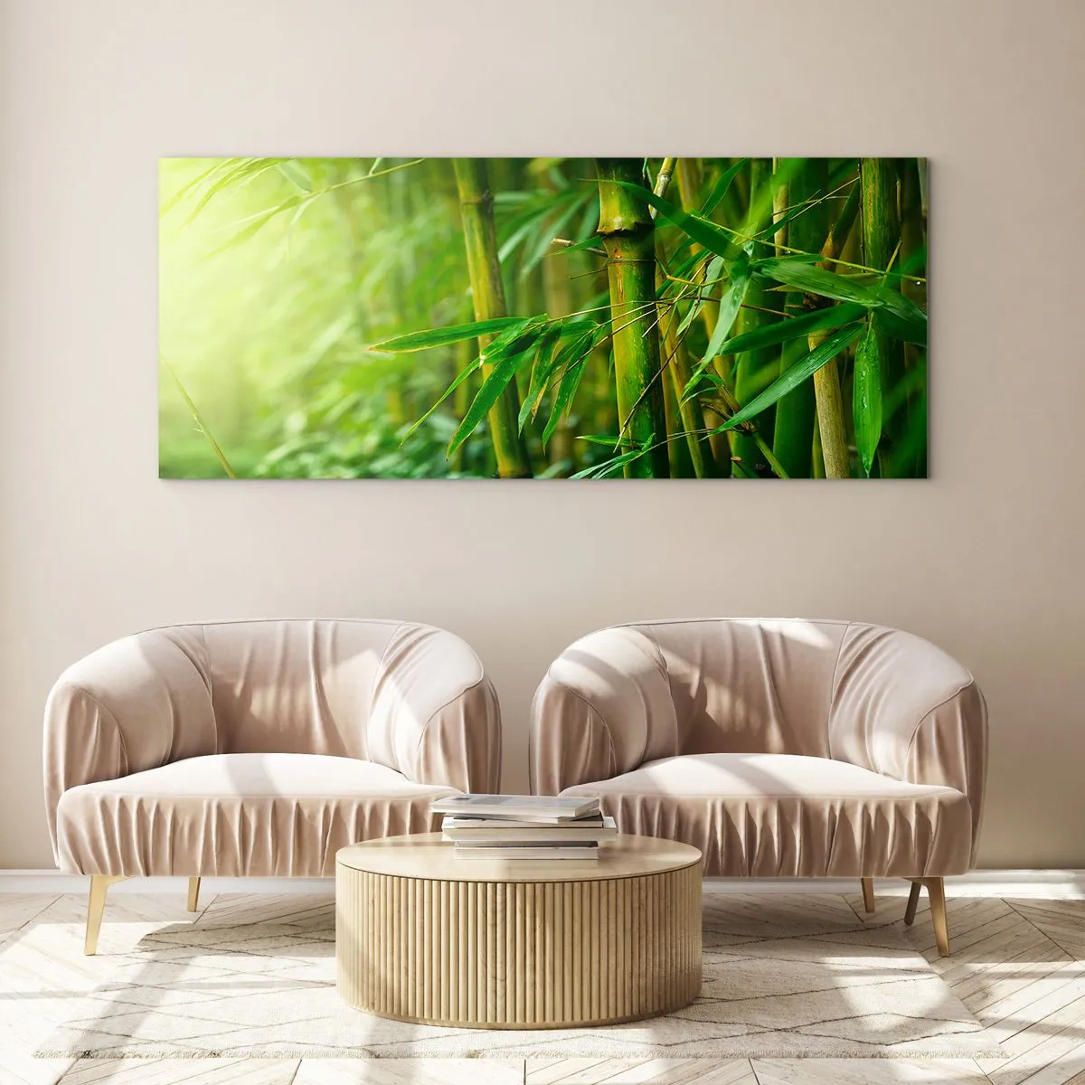 Quadro su vetro - Foresta di bambù verde in luce soffusa - 140x50cm - Conoscere il verde in sé - Decorazione murale moderna per soggiorno e camera da letto ARTTOR