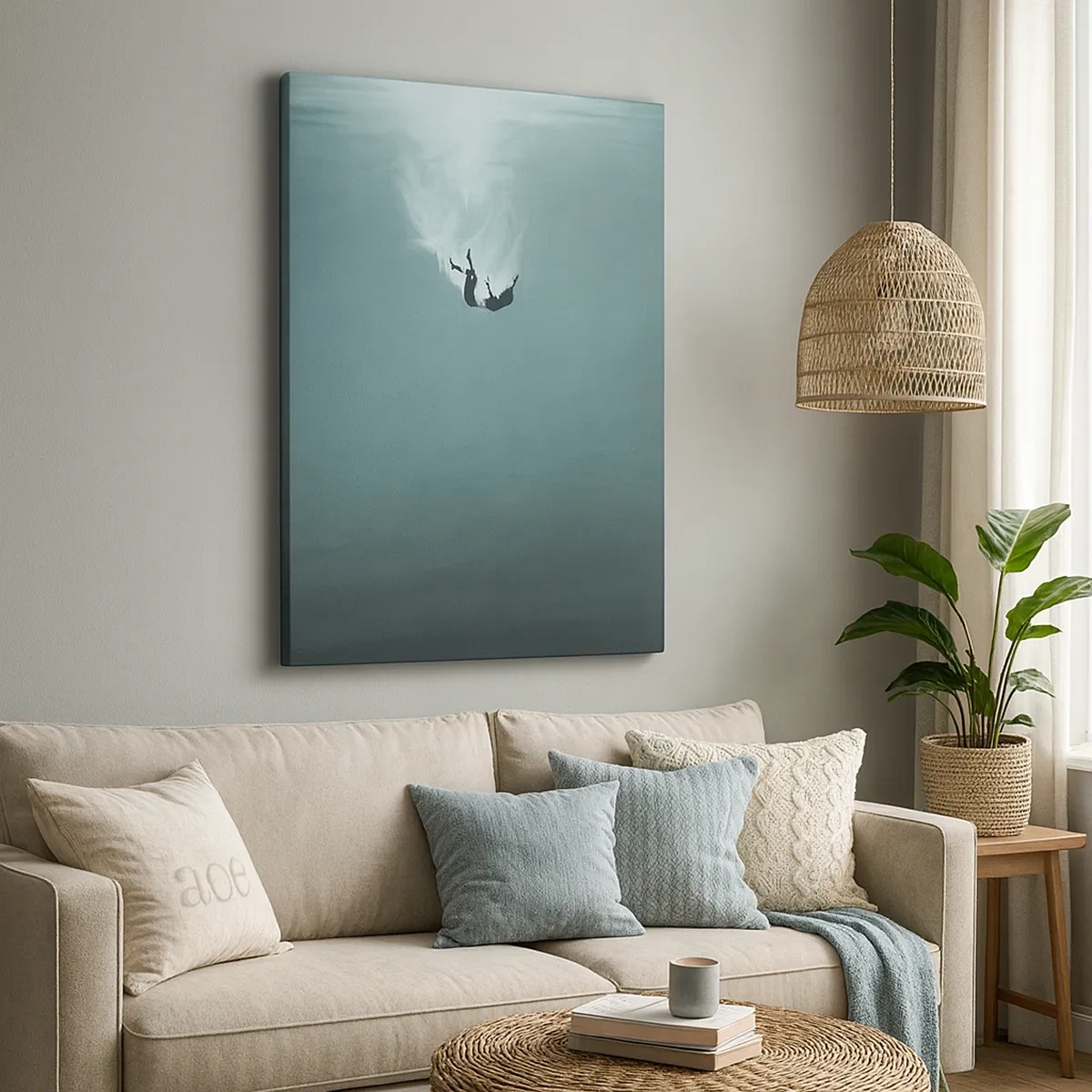 Quadro su tela - Stampe su Tela - Una figura immersa in acque profonde e turchesi - 50x70cm - Nell'abbraccio dell'oceano - Decorazione murale moderna per soggiorno e camera da letto ARTTOR
